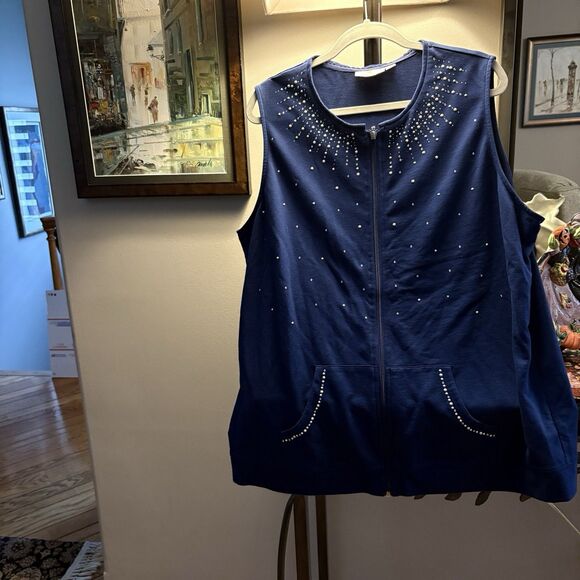 Quacker Factory Womens XL Studded Velour Zip-Up Vest Pockets Relaxed Fit Blue - Picture 2 of 12